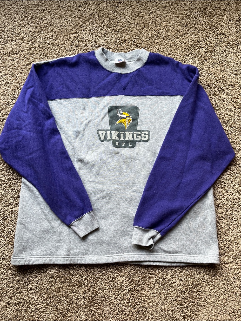 Minnesota Vikings NFL Retro Colorblock Purple Gray Crewneck Sweatshirt Oversized
